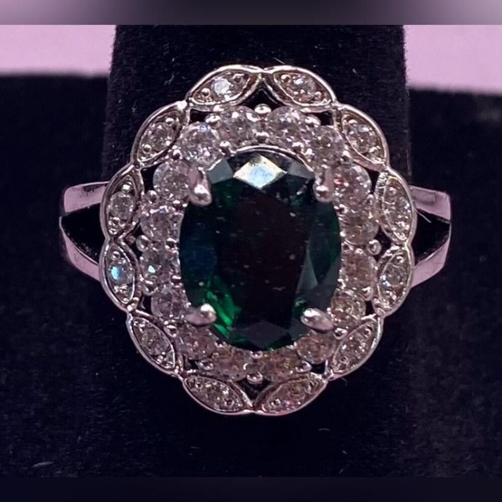 Silver Tone Green Oval Halo Cocktail Ring Clear CZ Simulated Diamond Size 7
